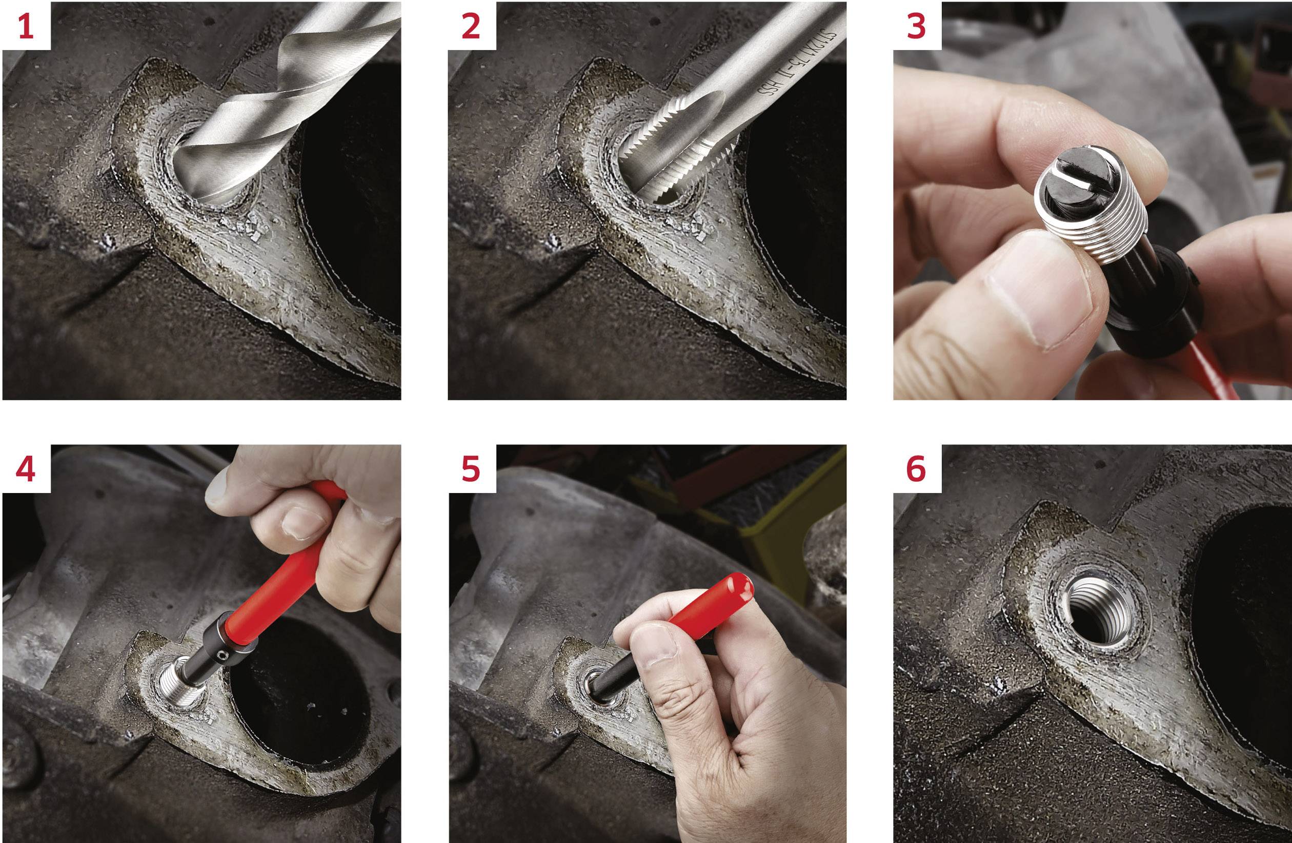 'Step-by-step guide to installing a threaded insert: Drill, cut thread, insert bush and secure.'