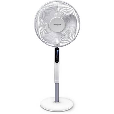 A white pedestal fan with a digital control panel displays various speed levels.