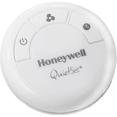 Circular control panel of a fan with three buttons: On/Off, Fan Speed, and Timer. Label reads: 'Honeywell QuietSet'.