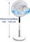 Standing fan with 'Oscillating' label, height adjustable from 100 to 120 cm, showing digital controls on the base.