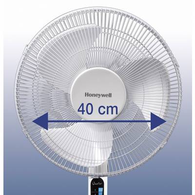 A white Honeywell table fan with a diameter of 40 cm. Large arrow indicates the size of the fan.
