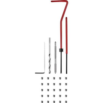 Set of red and silver tools with screws on a white background. Includes drill bits, Allen keys, and taps.
