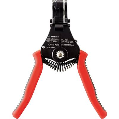 A wire stripping tool with red handles. Printing warns of electrical shock and recommends eye protection.