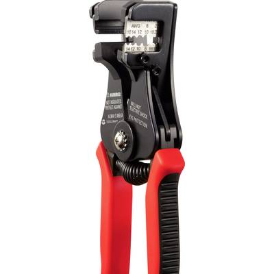 A wire stripper with a red handle shows various wire gauges. Imprint 'AWG' with value range 8 to 26.