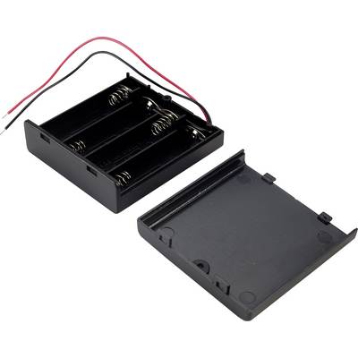 Battery compartment with open lid, suitable for three AA batteries. Two wires, red and black, are visible for electrical connection.