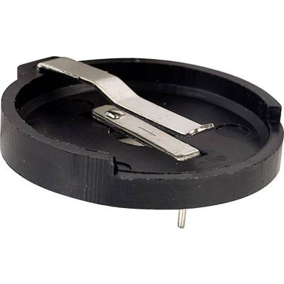 A round black cover with a metal clip stretched across its centre. It has small mounting pins on the underside.