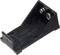 Black plastic battery holder for a 9V battery, angled design, with metal contacts and two mounting holes.