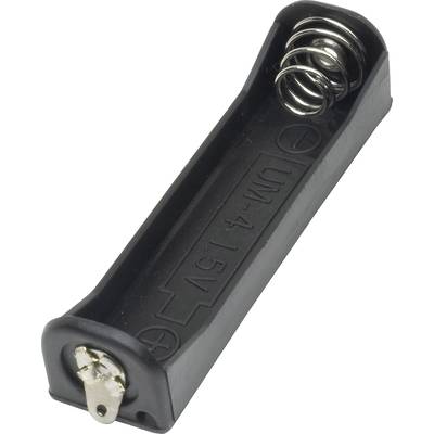 A black battery holder for an AA battery with a metal spring on one side and a metal contact on the other side.