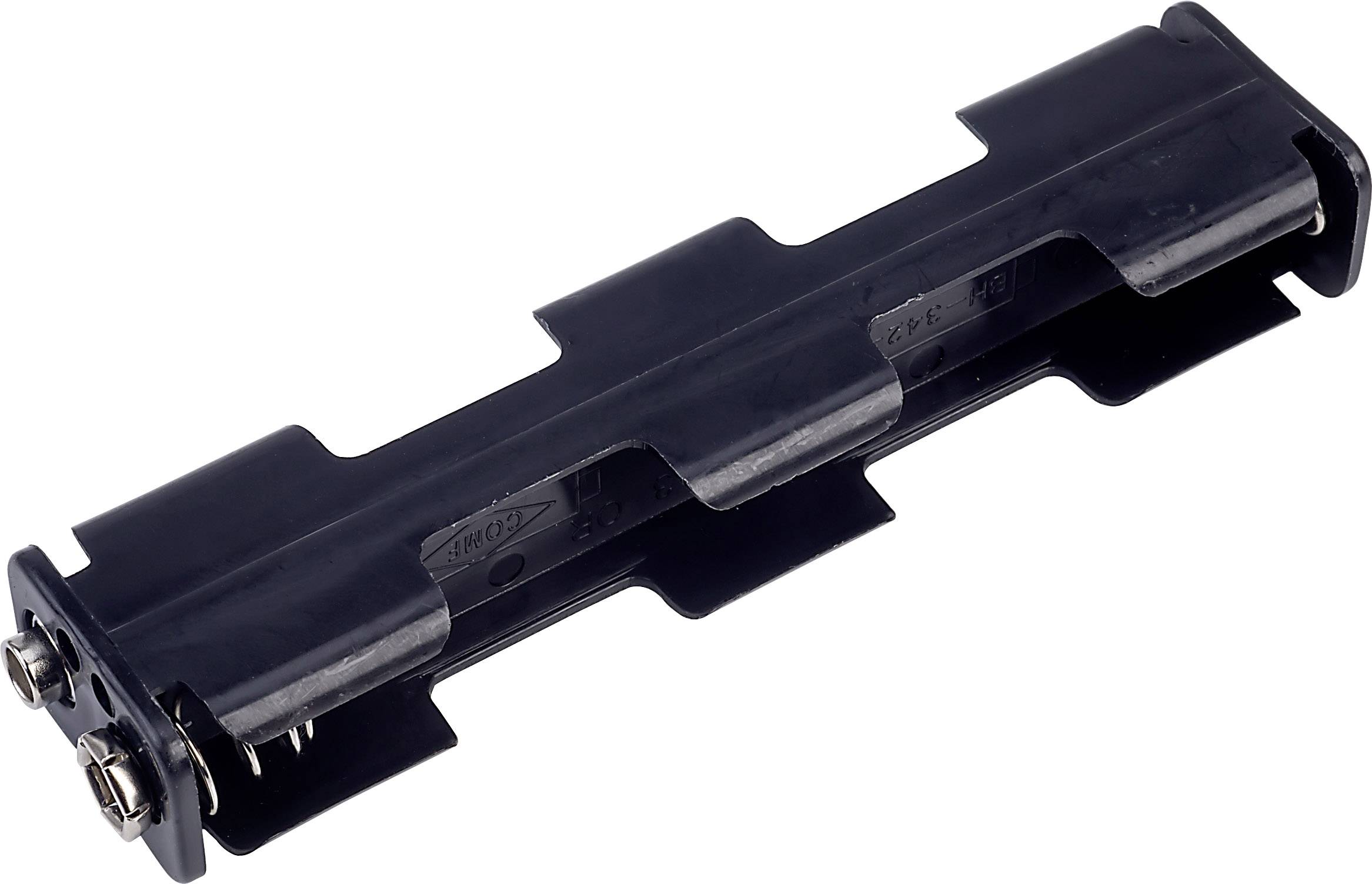 A black battery holder for two 9-volt batteries with metal contacts at one end.
