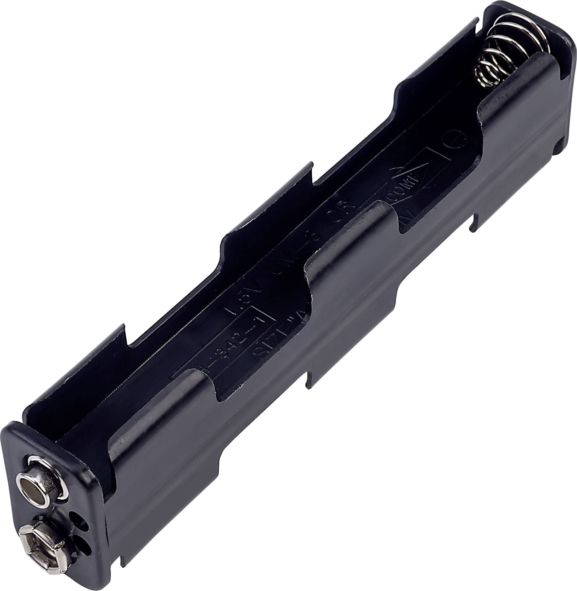 Battery holder made from black plastic for two AA batteries, with spring contact and connecting terminals.