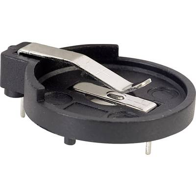 A round plastic battery holder with two metal contacts for a button cell battery, lying on its side.