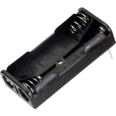 Black battery holder for two AA batteries with metal springs at the ends, suitable for inserting and holding the batteries.
