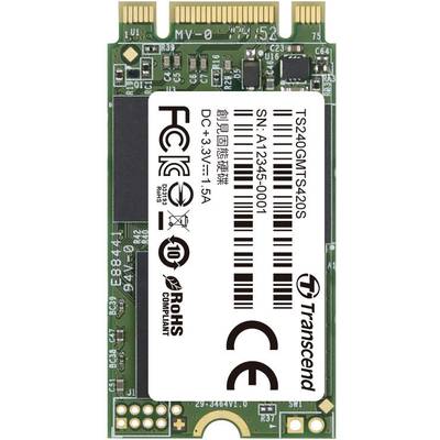 'Transcend SSD M.2 2242 SATA III' storage card shown with company logo and serial number on the front side.