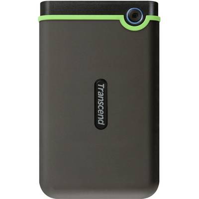 External hard drive by Transcend with a black casing and green accent along the edge.