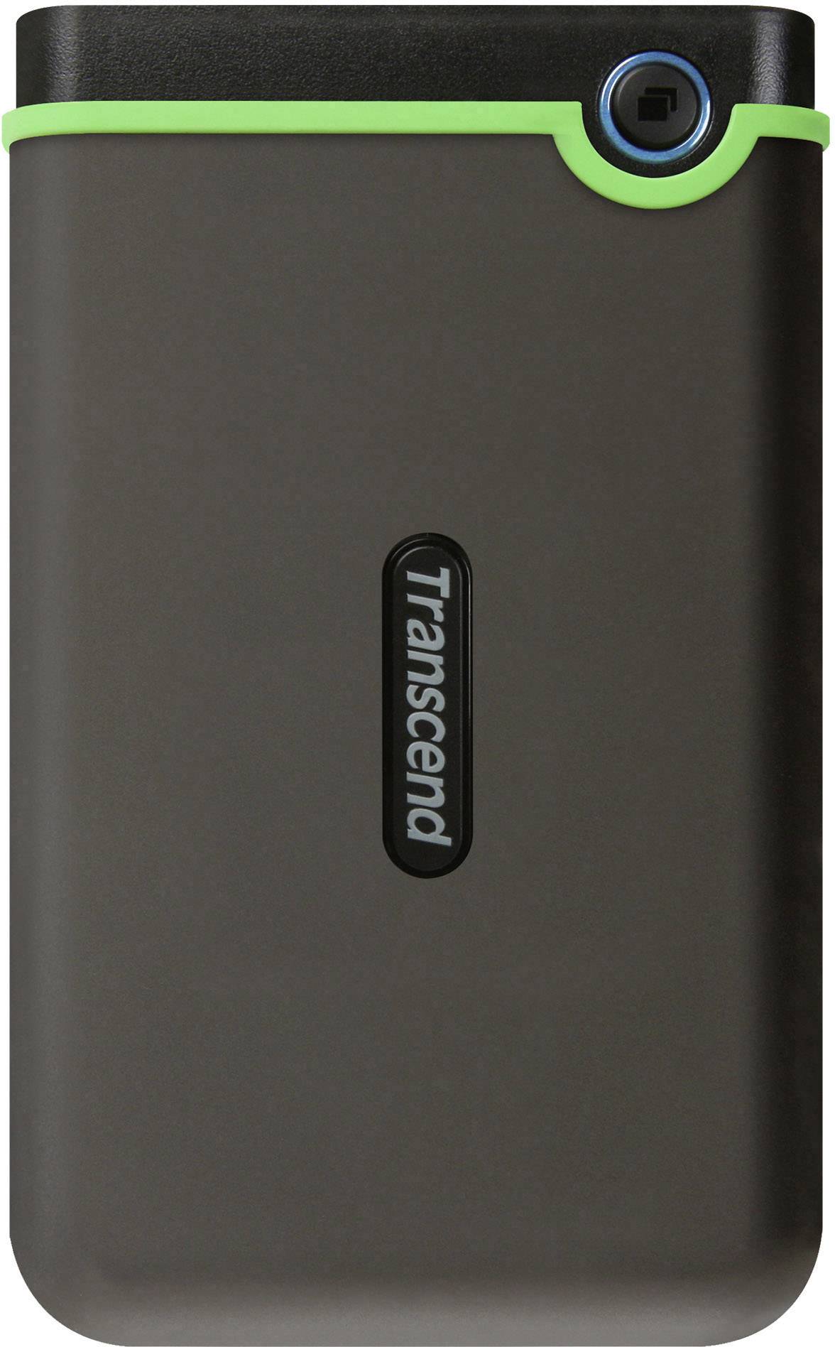 External black hard drive with green accent; brand name 'Transcend' positioned vertically in the centre.