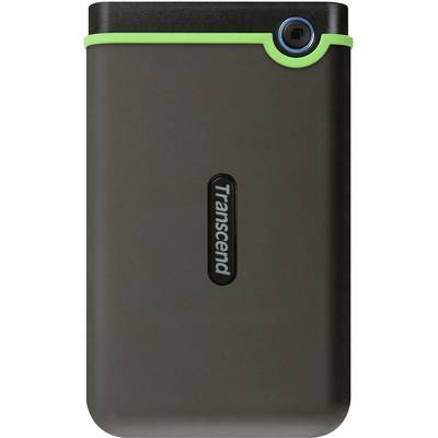 External black hard drive with green accent; brand name 'Transcend' positioned vertically in the centre.