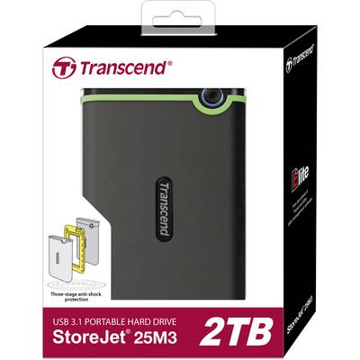 External hard drive by Transcend, model StoreJet 25M3 with 2TB storage capacity. Packaging demonstrates shock-resistant properties.
