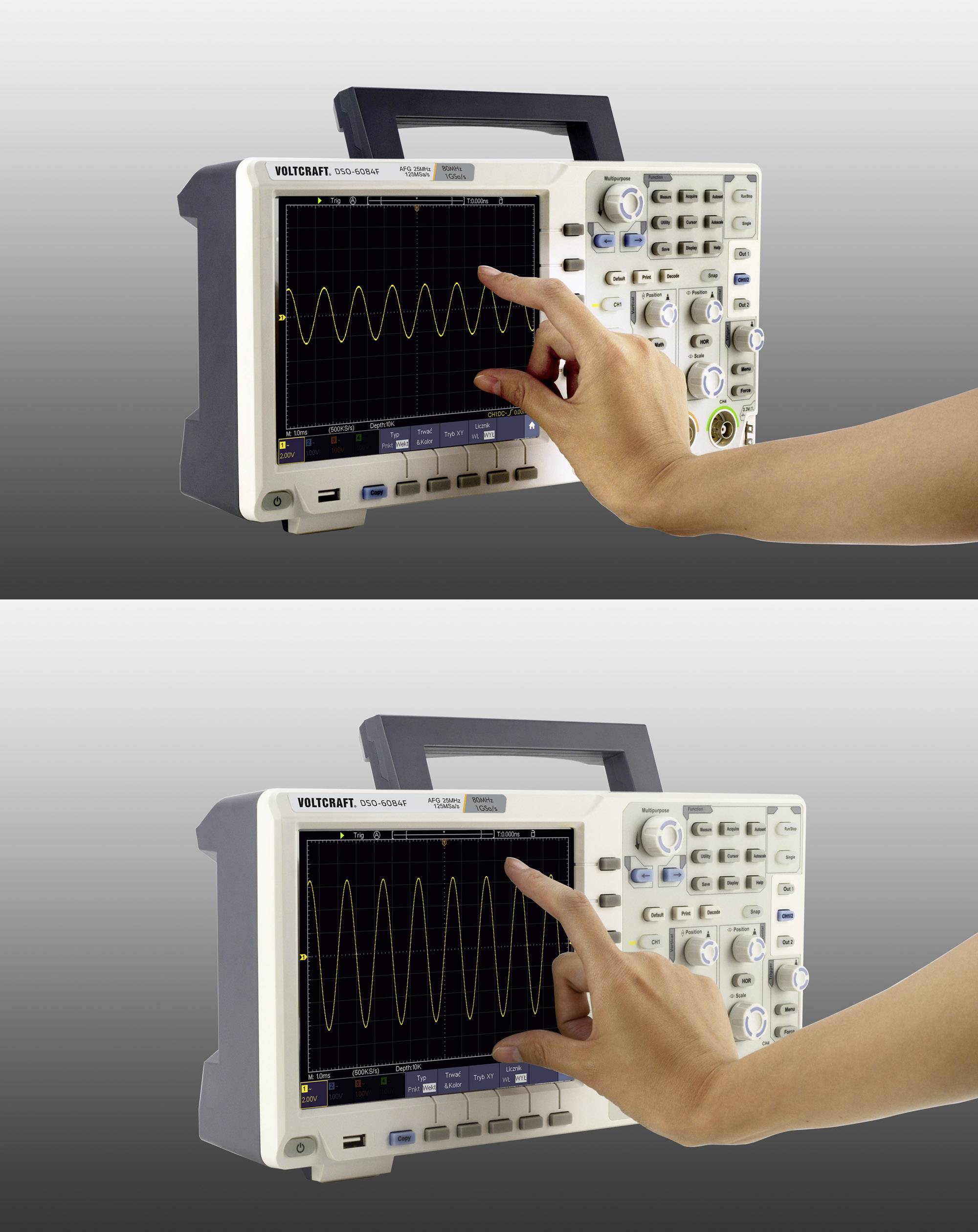 A person is using a digital oscilloscope to check and analyse wave-like signals on the screen.