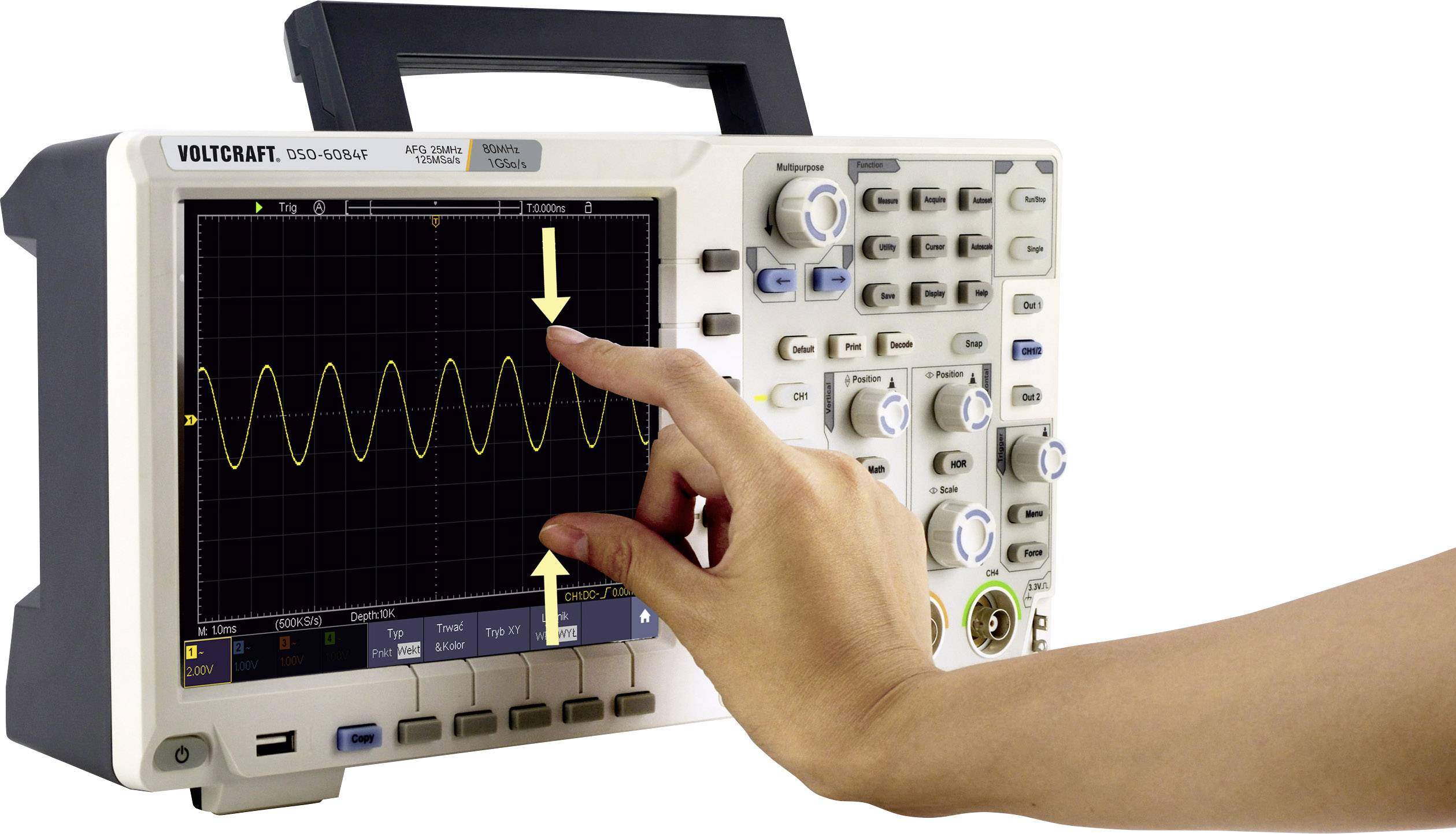 An oscilloscope with a waveform diagram on the display. A hand is pointing to the screen to highlight specific measurement values.