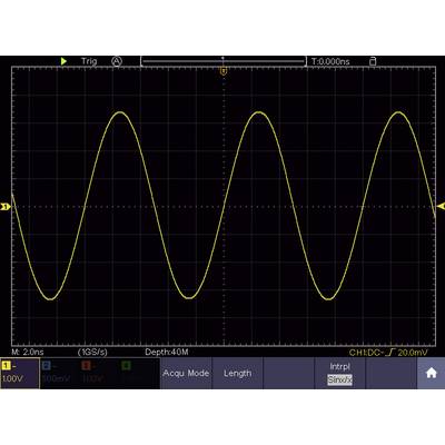 'Oscilloscope shows a sine wave with stable amplitude across time axis'