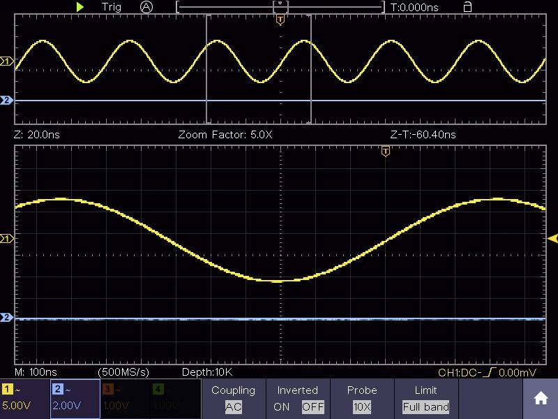 'Oscilloscope screen shows two sinusoidal waves. Top: densely packed with zoom option. Bottom: broader view of the same wave.'