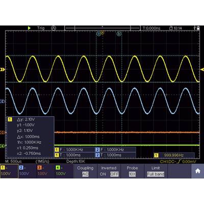 Oscilloscope display with two wave-like signals in Yellow and Blue. Yellow shows higher amplitude. Frequency 1000 kHz.