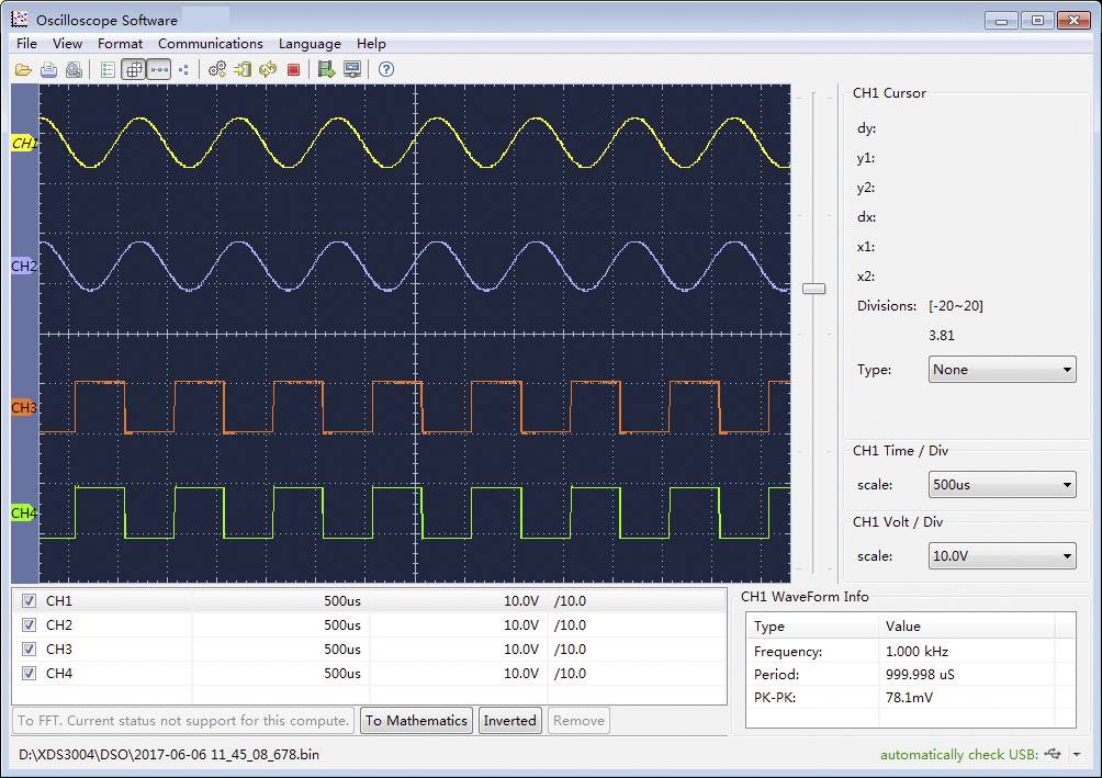 'Oscilloscope software displays three different waveforms on the screen: sine, square, and triangular waves with varying frequencies and amplitudes.'
