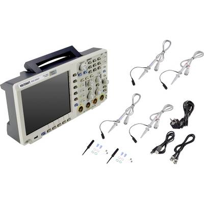 Digital oscilloscope with carrying handle, four probes, mains cable and accessory set. Suitable for analysing electronic signals.