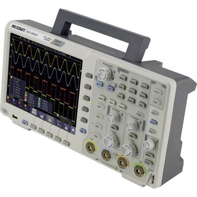 A dual-channel oscilloscope displays different waveforms on a single screen. Control buttons and sockets are visible on the right-hand side.