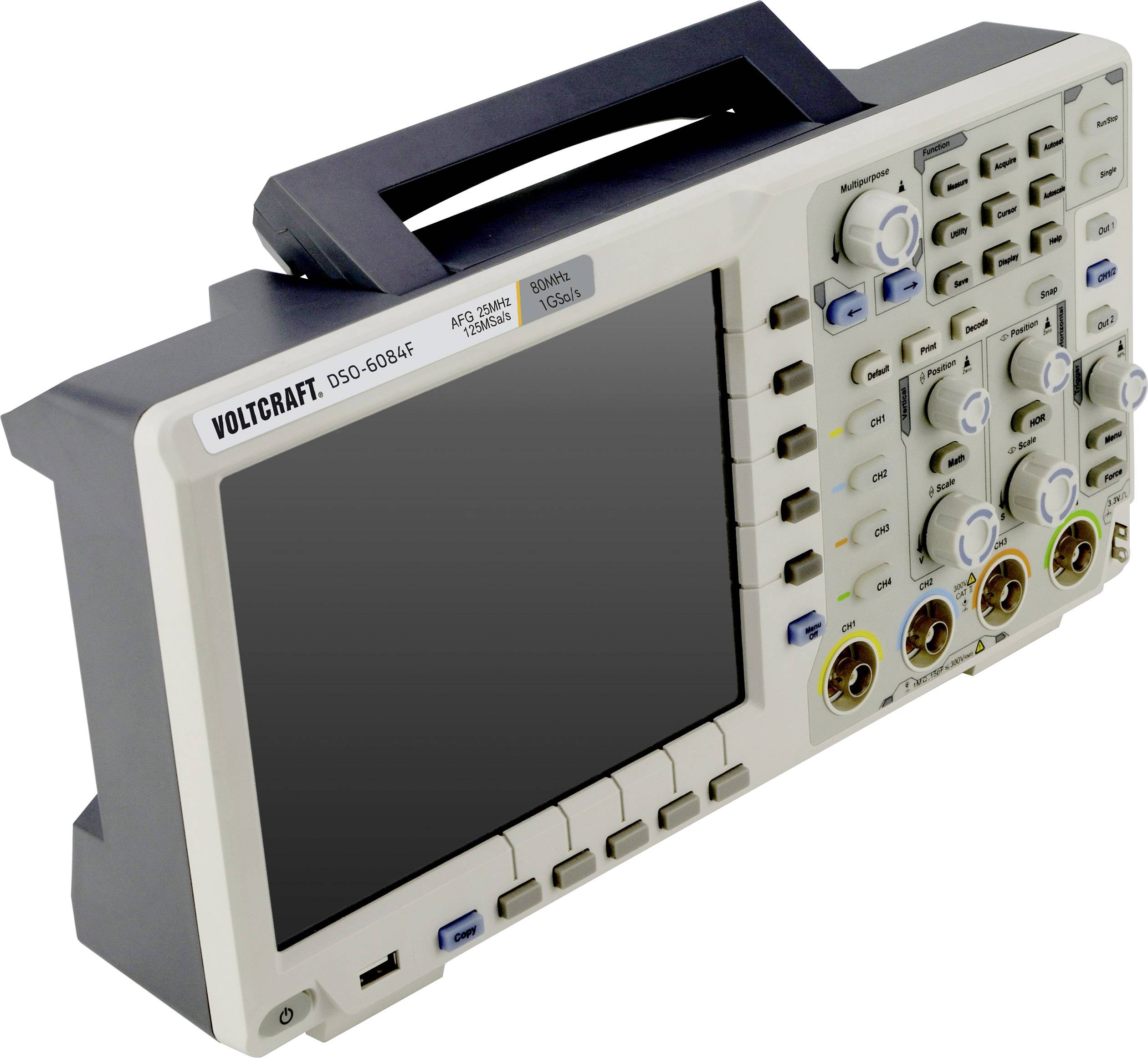 A digital oscilloscope with a screen and controls, Voltcraft DSO-6084F model, with a carrying handle on top.