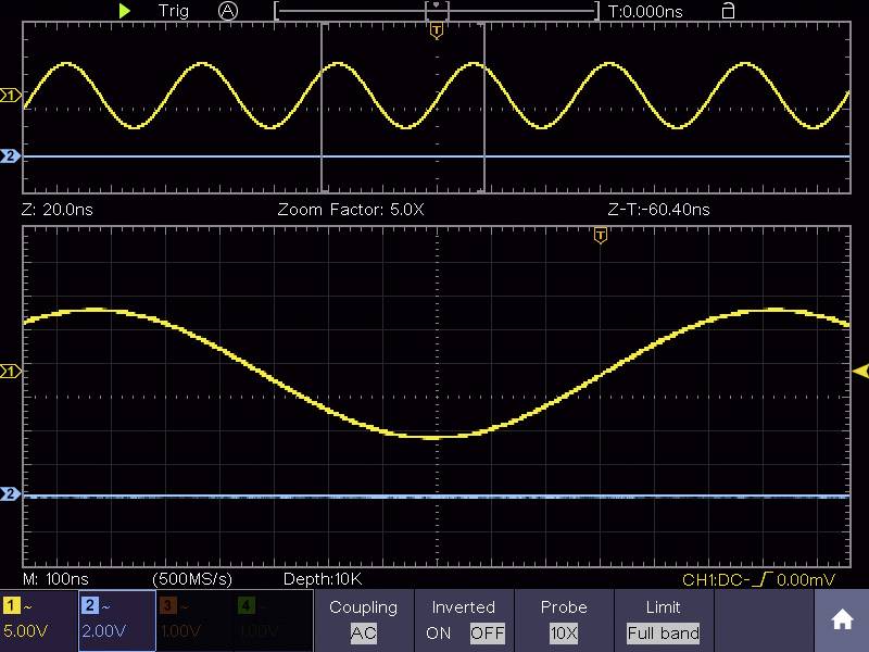 An oscilloscope displays two wave representations: Above, a modulated wave, below a uniform sine wave. Timescale 0-100ns.