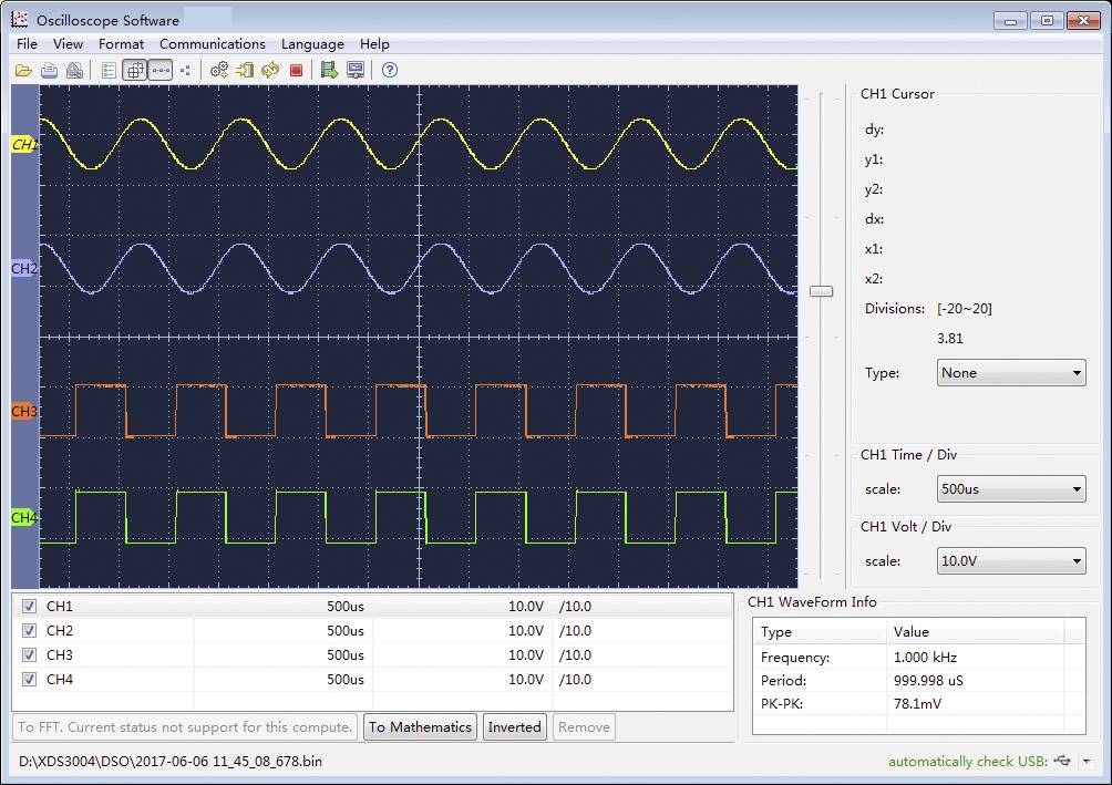 'Three-Channel Oscilloscope Software: Upper wave shows sine wave, middle shows waveform with lower frequency, lower shows square wave.'