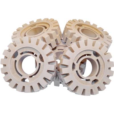 Five beige wheels with serrated surfaces intertwined, forming a geometric pattern.