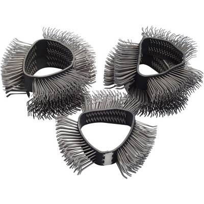 Three black, triangular wire brushes with densely packed bristles in a circular arrangement.