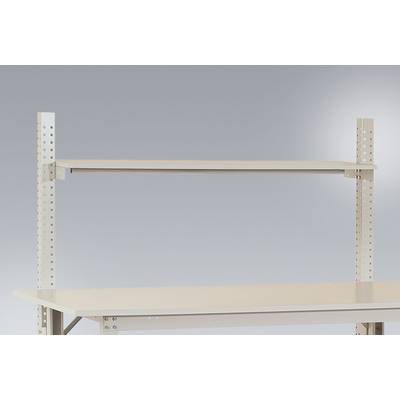 A sturdy, white shelving board mounted on adjustable metal brackets, suitable for organising items in a storage space.