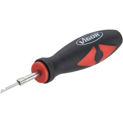 A screwdriver with an ergonomic, black and red handle and a flat metal shaft.