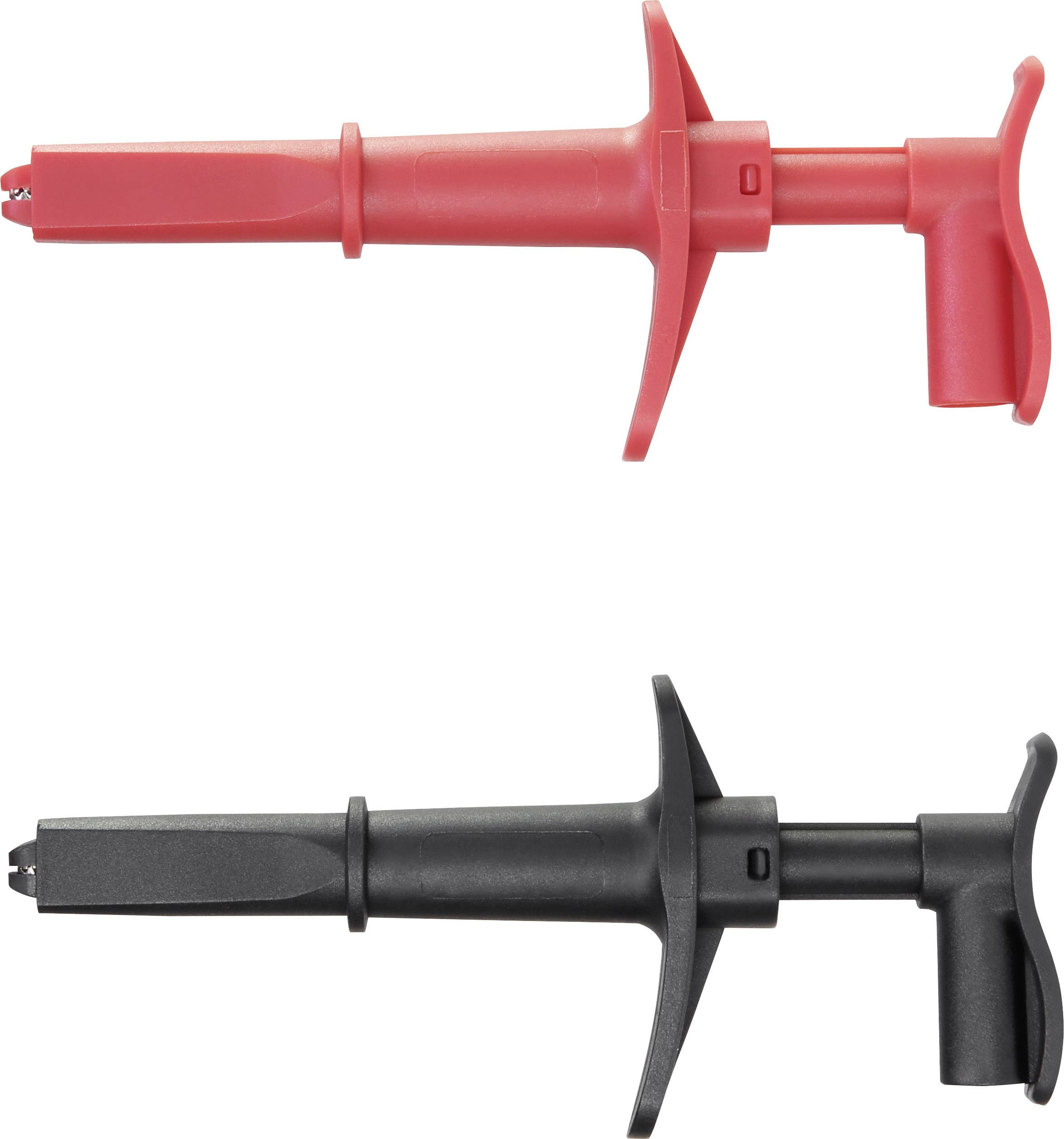 Two test probes: red on top, black on bottom, with insulated clips for safely testing electrical circuits.