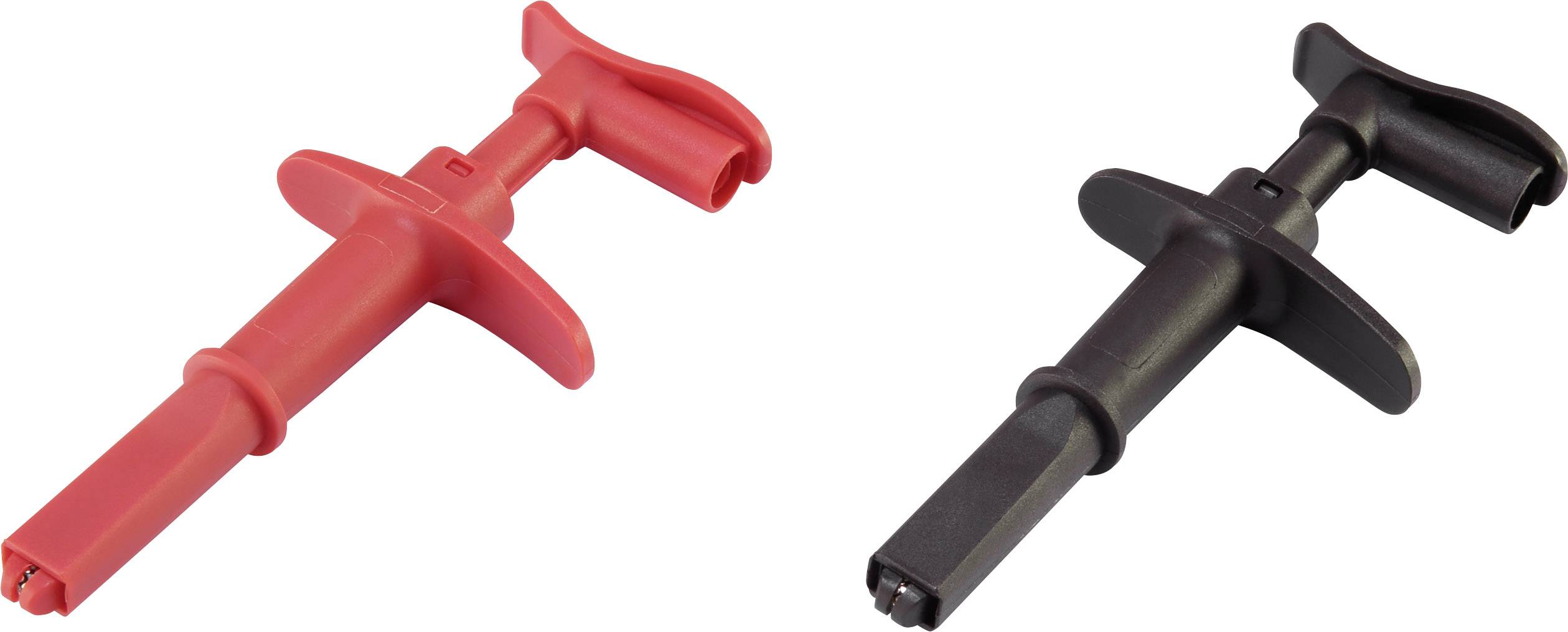 Two plastic levers in red and black. Each lever has a handle and a rounded base designed for holding cable clips.