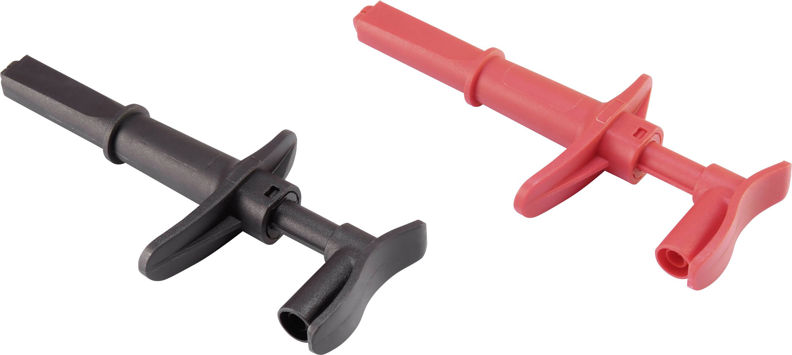 Two isolated plastic cable clamps, one in black and one in red, used for securely connecting electrical wires.