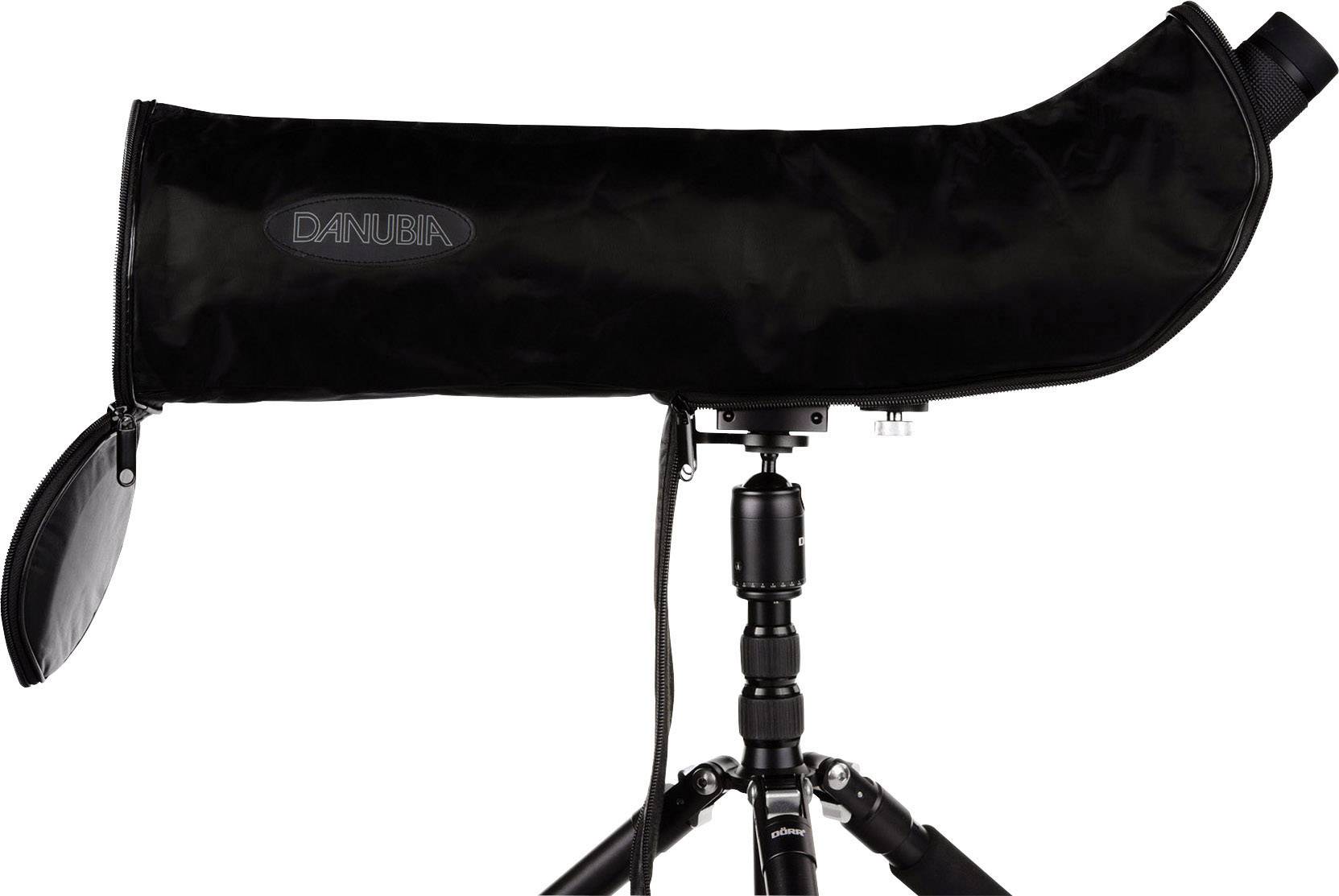 A black camera protective cover on a tripod, designed to protect against rain, with openings for the lens and controls.