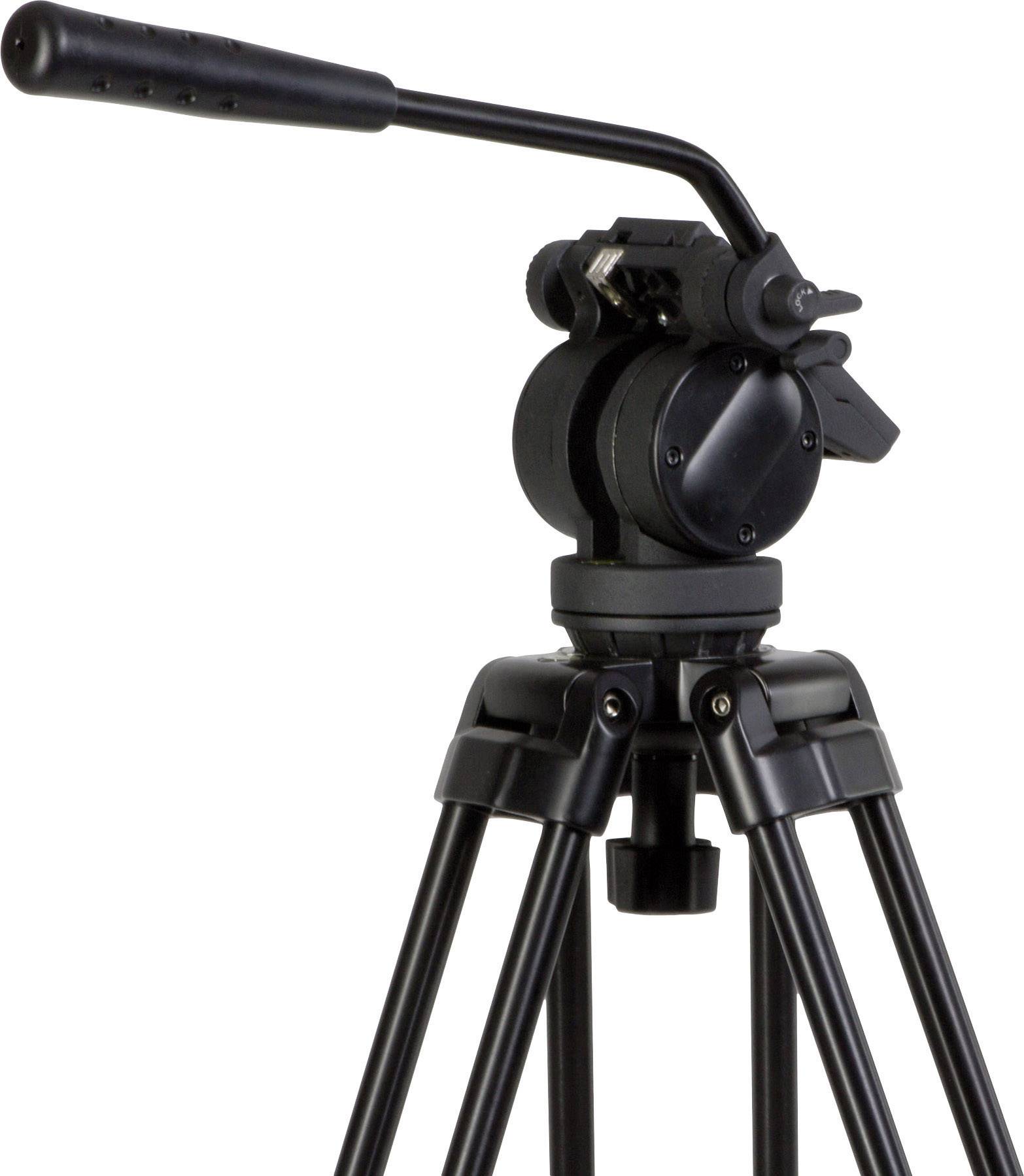 A black camera tripod with an adjustable head and three legs, suitable for photo and video recordings.