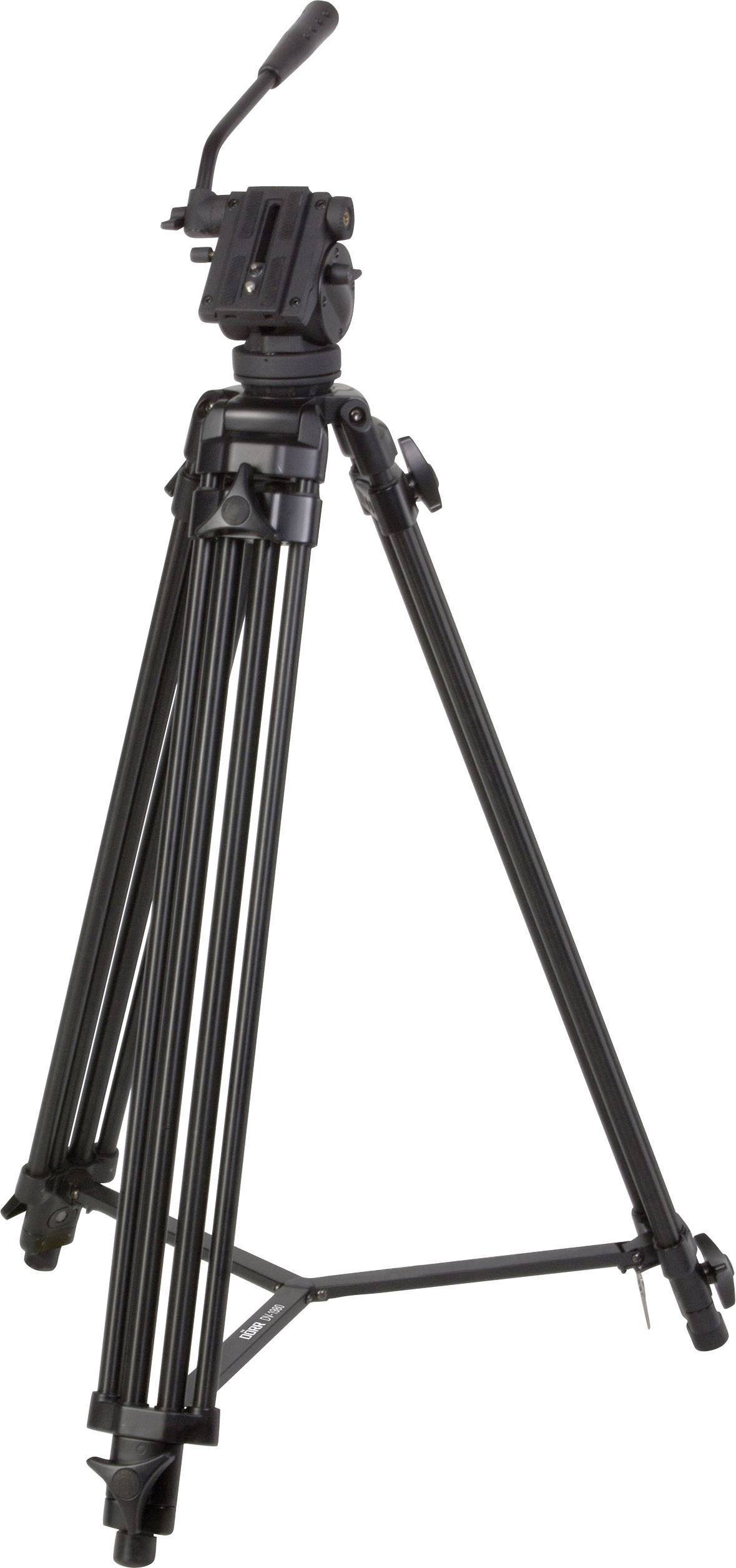 A black camera tripod with three extendable legs and an adjustable head, suitable for photography and video recordings.