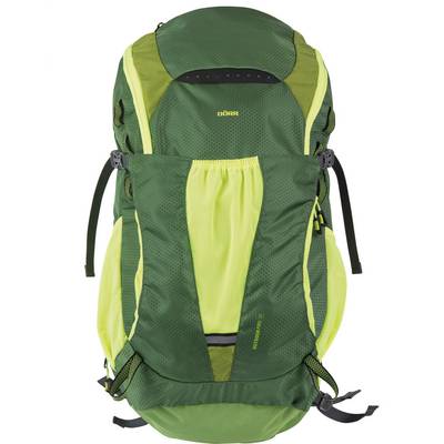 Green hiking backpack with multiple pockets and straps, well-suited for outdoor activities and travelling.