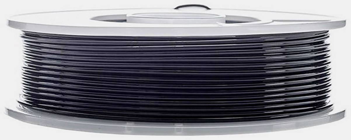 A black filament spool for a 3D printer lies horizontally. It is fully wound and ready for use.