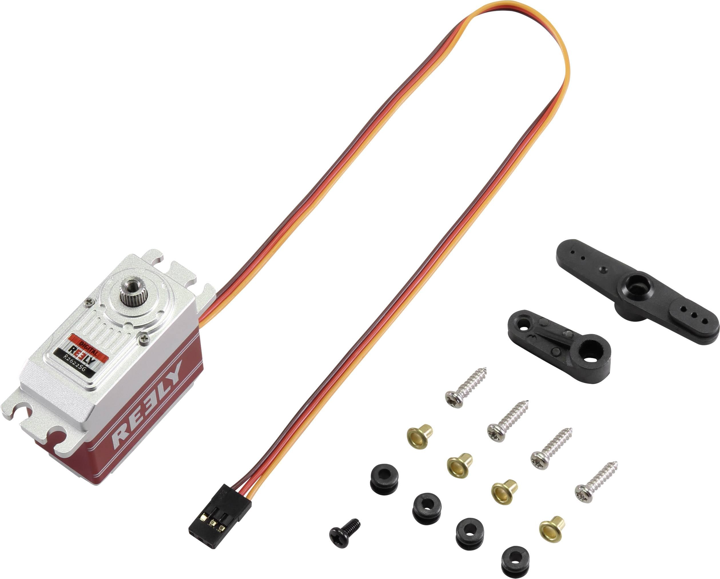 A servo motor with a connection cable, surrounded by various screws and mounting accessories.