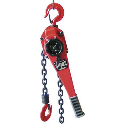 A red chain hoist with a hand lever, black steel chain and hooks at both ends, designed for loads up to 10 tonnes.