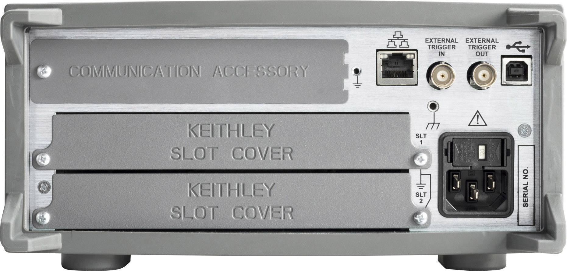 'Rear side of a Keithley device with communication port, external trigger inputs/outputs, and two slot covers.'