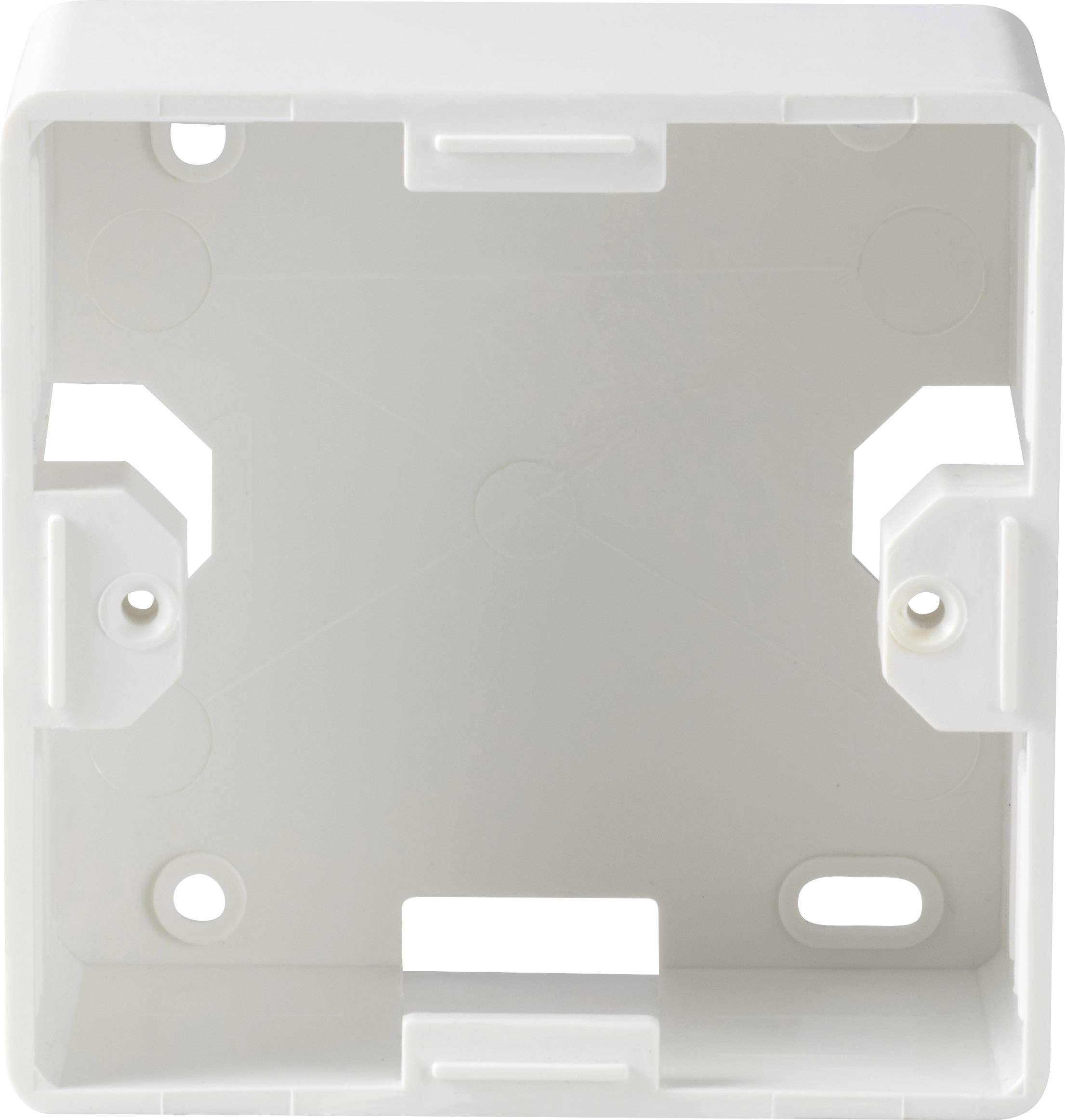 White rectangular plastic wall mounting, with openings and fixing points at the corners, for installing electrical devices.