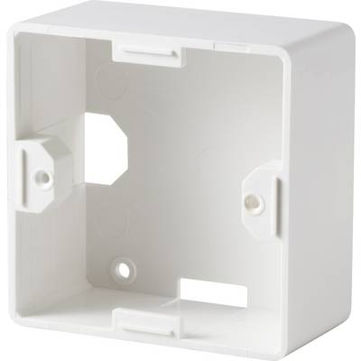 White plastic mounting box with multiple fixing points and openings, suitable for housing and installing electrical components.