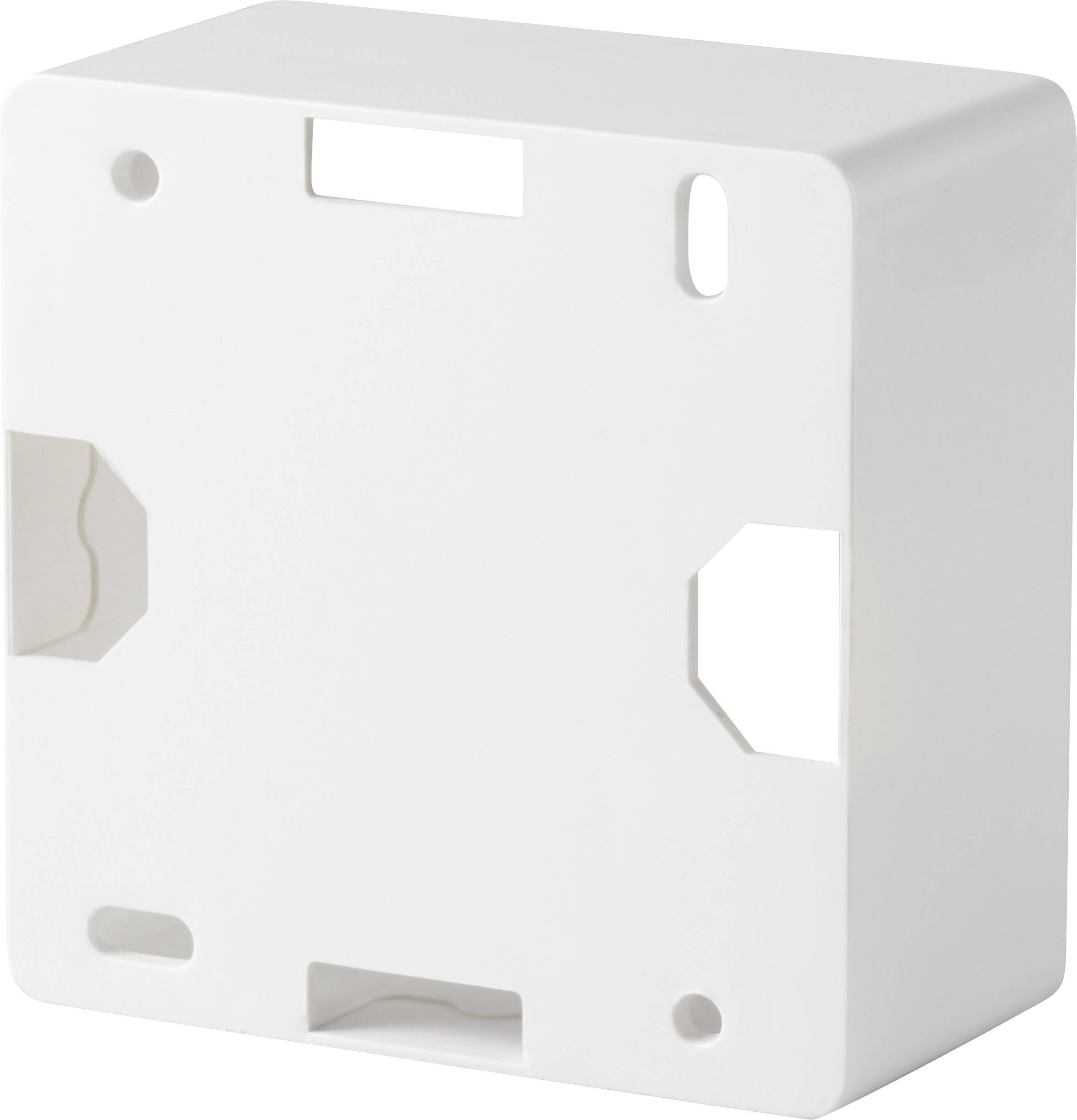 White, square plastic box with multiple openings on each side, apparently for mounting or cable routing purposes.